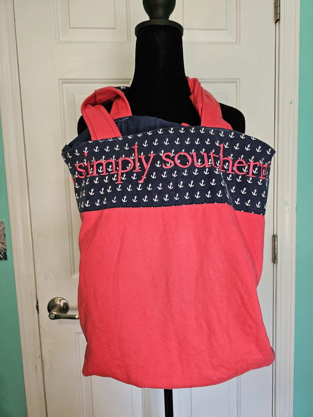 Coriander & Cumin Handmade Upcycled Coral Tote Bag with Nautical Navy Trim